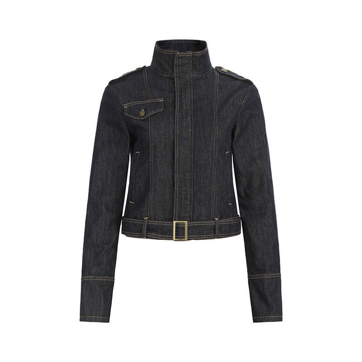 Women's tailored denim jacket with high stand-up collar, waist belt and shoulder patches Amarae