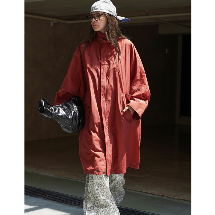 Women's Light Oversized Rain Parka with High Stand-Up Collar and Concealed Snap Button Placket Amarae
