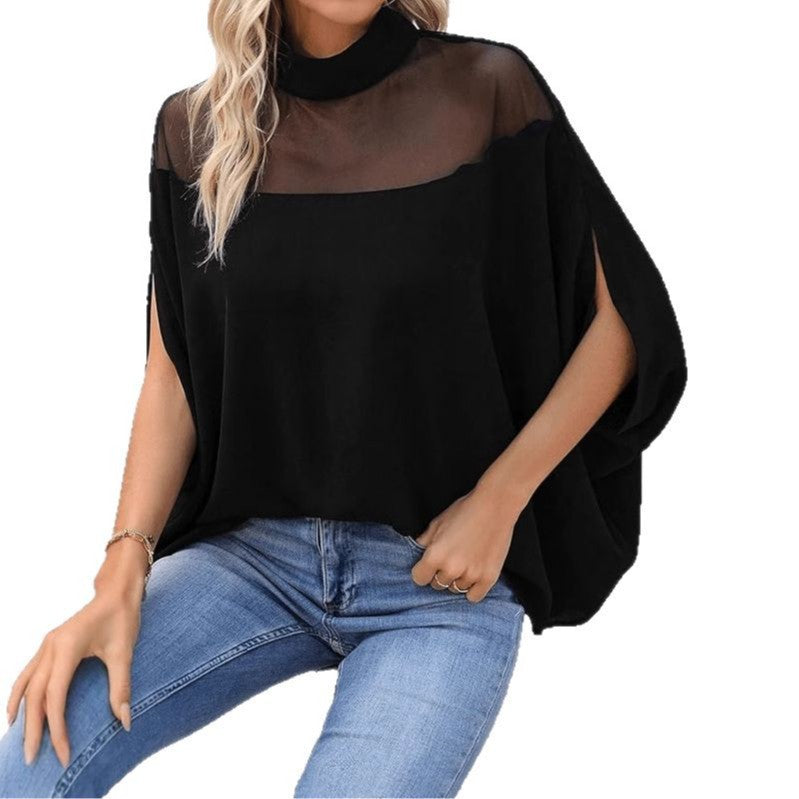 Ladies Fashion Tunic with Transparent Inserts and High Collar Chic & Stil