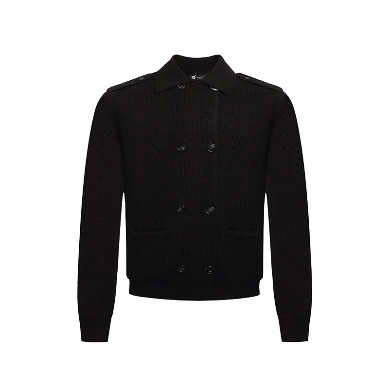 Men's knit double-breasted cardigan with collar, shoulder tabs, and welt pockets Amarae