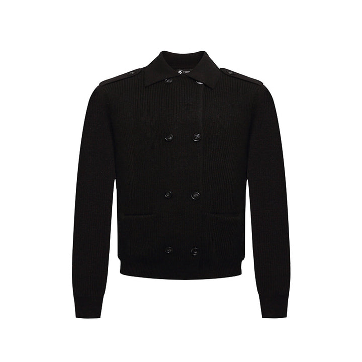 Men's knit double-breasted cardigan with collar, shoulder tabs, and welt pockets Amarae