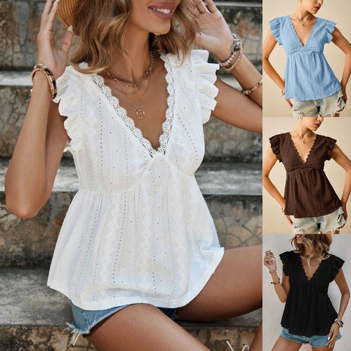 Ladies blouse with ruffled sleeves and deep V-neck Amarae