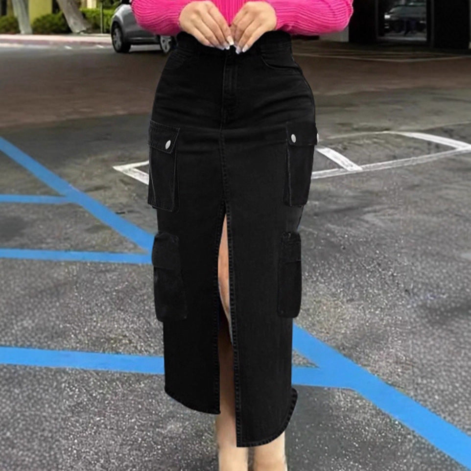 Women high waist cargo denim midi skirt with front slit and flap pockets Amarae
