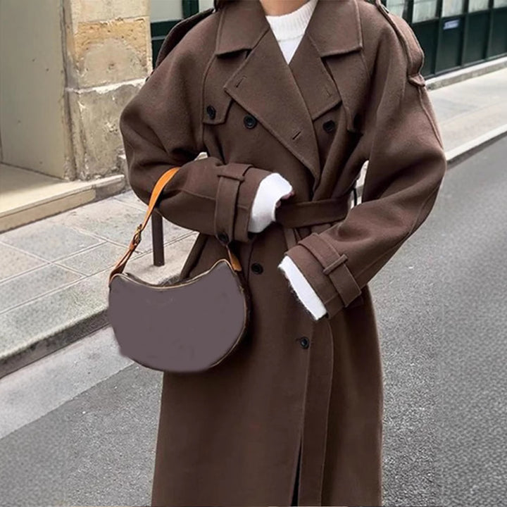 Women's Maxi Wool Blend Coat in Military Style with Wide Lapels and Dropped Shoulders Amarae