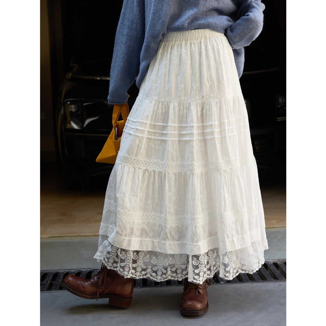 Women Long Tiered Skirt with Lace Layers and Elastic Waistband Amarae