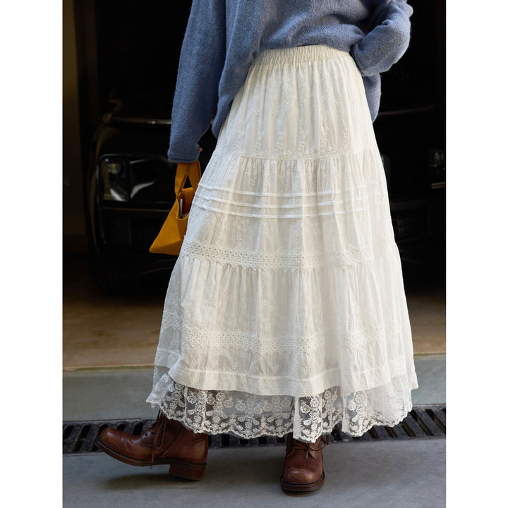 Women Long Tiered Skirt with Lace Layers and Elastic Waistband Amarae