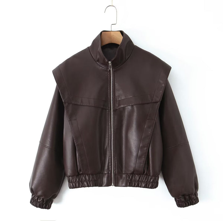 Ladies stylish faux leather jacket with high collar and elastic hem Lune London