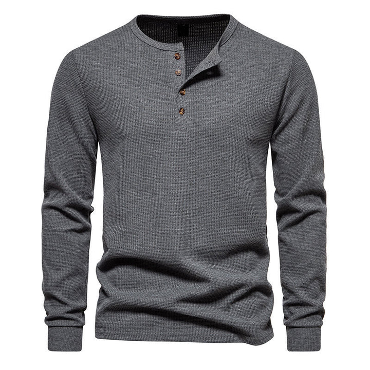 Men's Long Sleeve Henley Shirt with Textured Surface Pattern and Practical Button Details Amarae