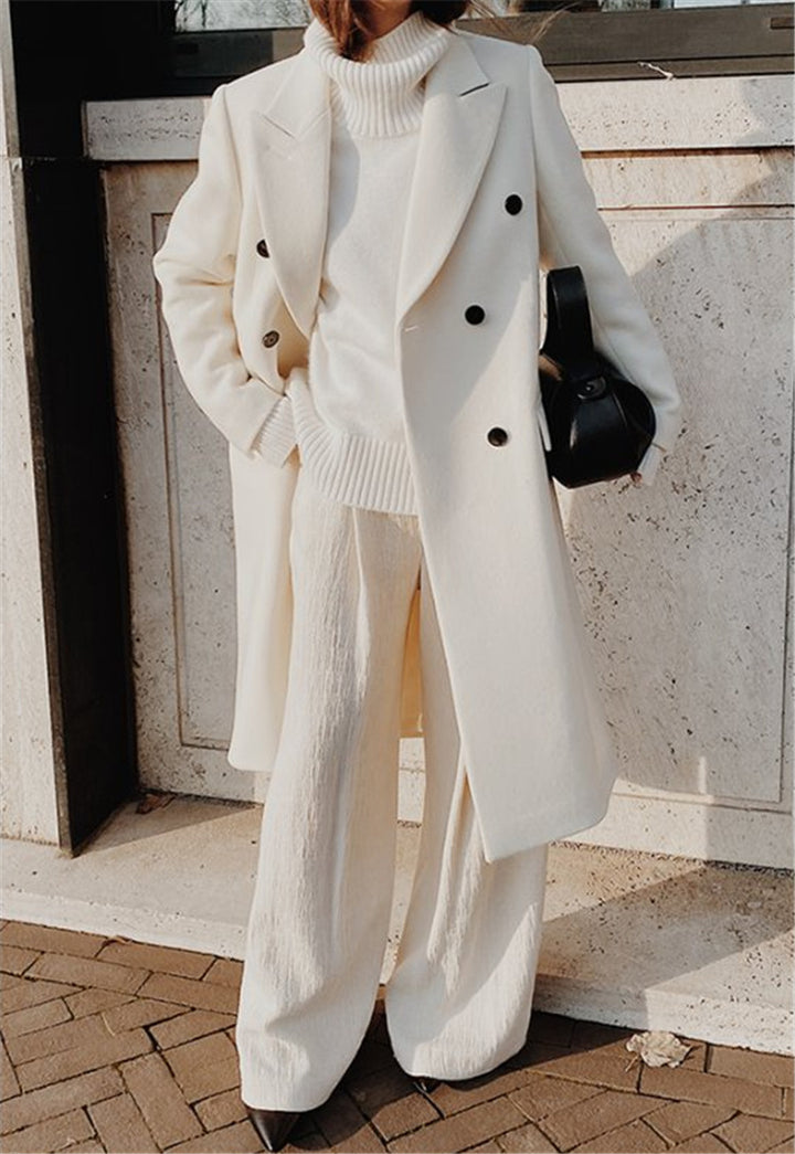 Ladies Long Wool Coat with Double-breasted and Wide Lapel Lune London