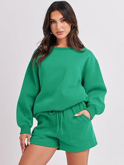 Women's Casual Two-Piece Lounge Sweatset with Oversized Round Neck Sweatshirt and High-Waist Relax Shorts Amarae