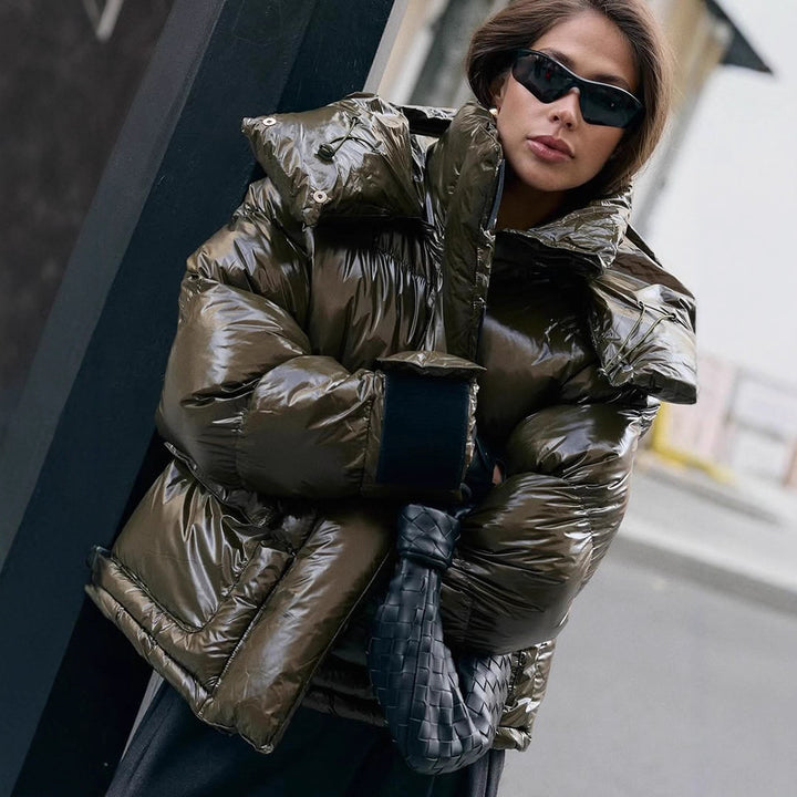 Women's padded short jacket with high-gloss finish, oversized cut, and hood Amarae