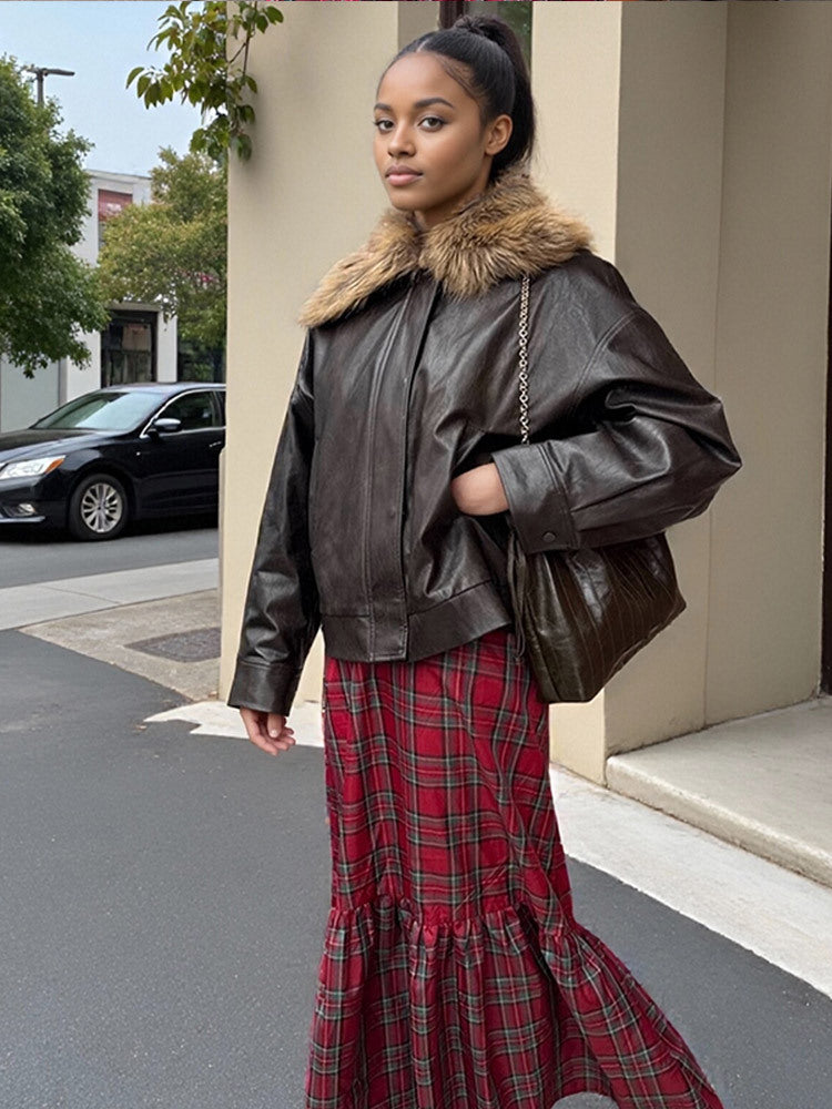 Women Boxy Faux Leather Blouson with Removable Faux Fur Collar and Concealed Button Placket Amarae
