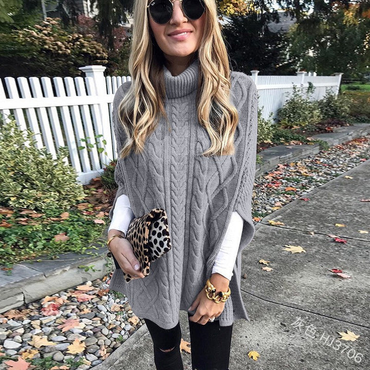 Knit poncho for women with high collar and decorative braided pattern Lune London
