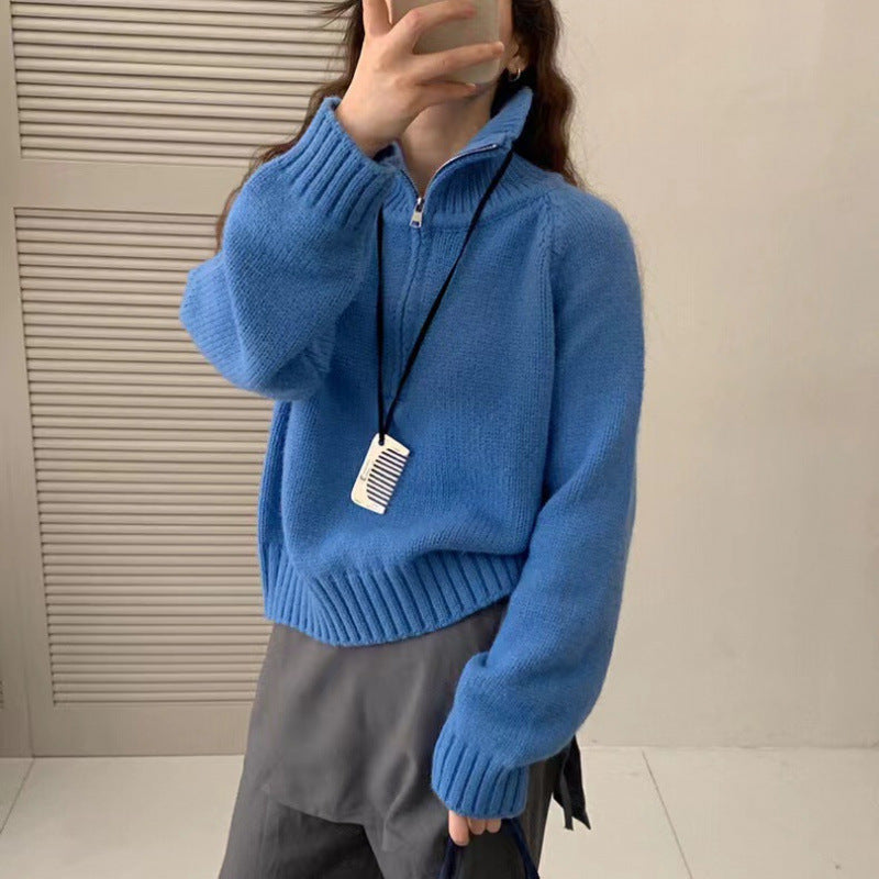 Pull en tricot confortable pour femmes avec col montant et fermeture éclair