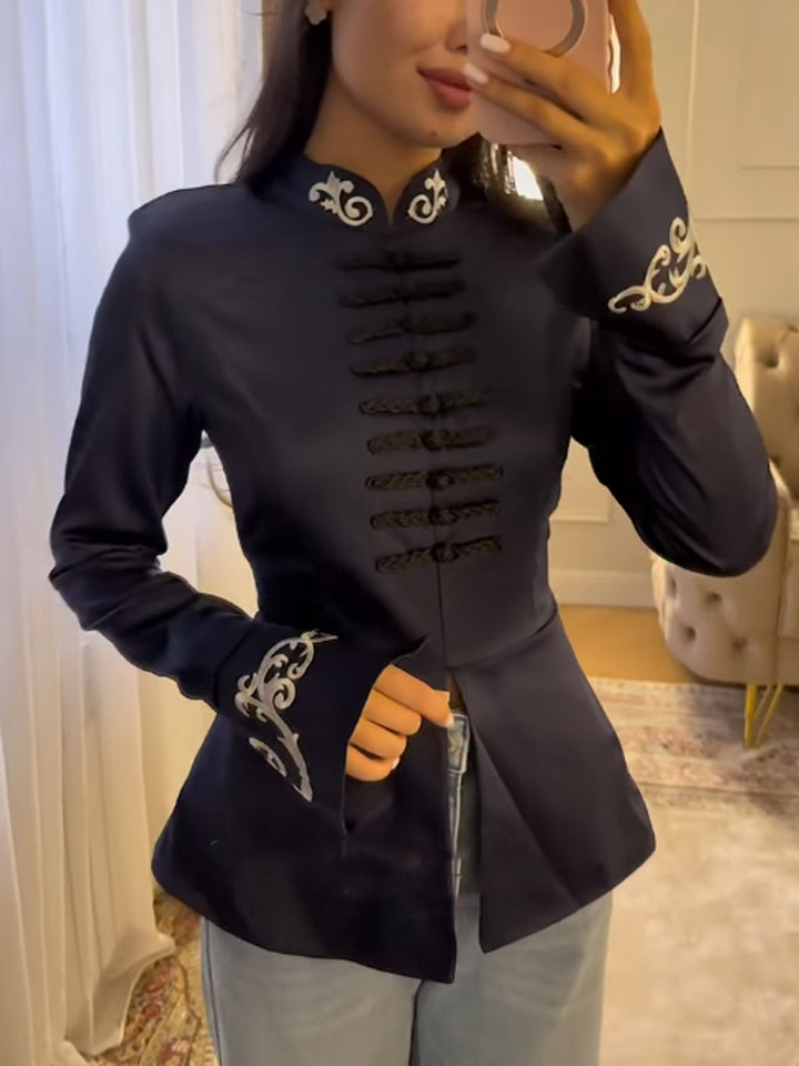 Women tailored satin jacket with mandarin collar, decorative cord closures and embroidered cuffs Amarae