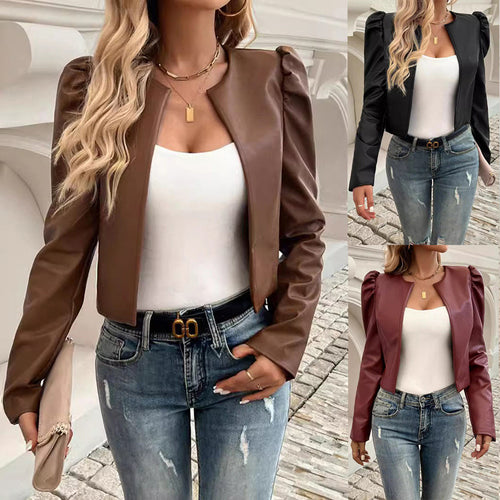 Chic and Style short puff sleeve faux leather jacket for women