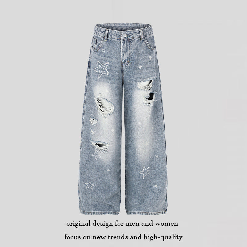 Ladies Wide Distressed Palazzo Jeans with Star Embroidery Amarae