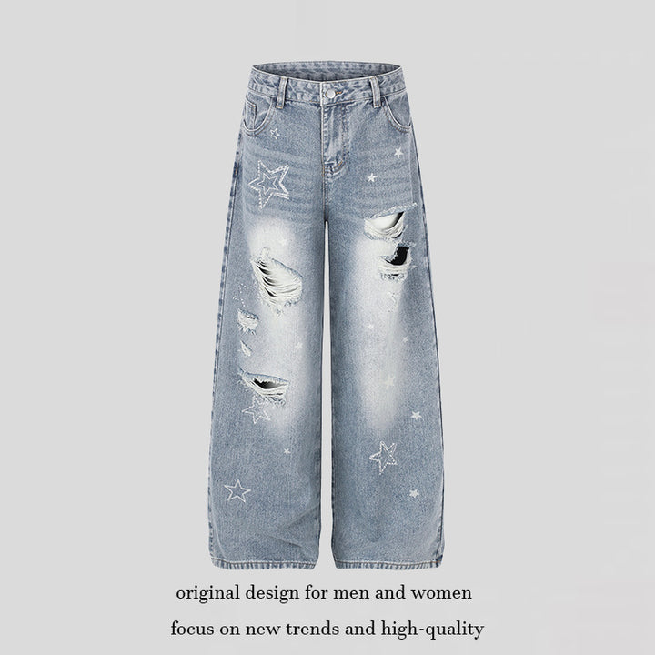 Ladies Wide Distressed Palazzo Jeans with Star Embroidery Amarae
