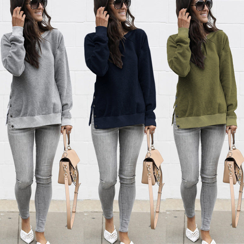 Ladies Comfortable Sweatshirt with Button Details and Side Slits Lune London