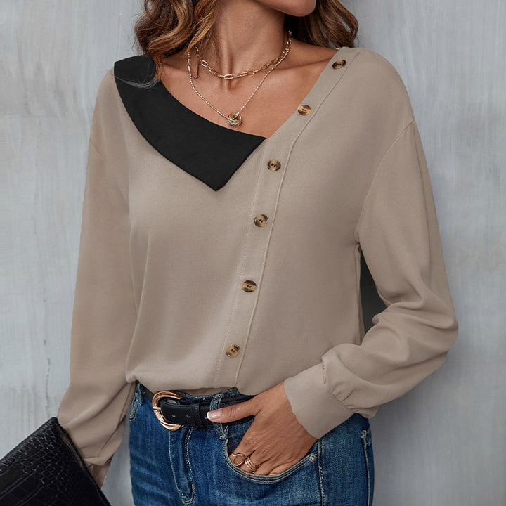 Blouse for women with asymmetrical collar and decorative button details Lune London