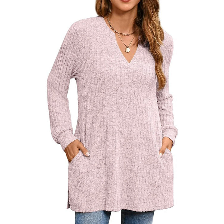 Women Casual Knit Tunic with Side Pockets and V-Neck Lune London