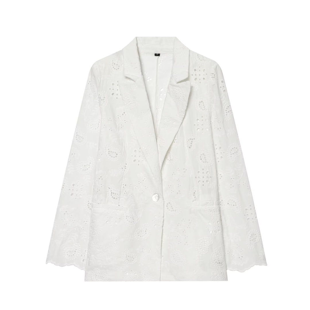 Women's Lightweight Broderie Anglaise Blazer with Shawl Collar and Eyelet Embroidery Amarae