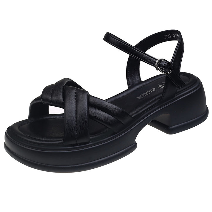 Women's sandals with stylish crossed straps and a comfortable block heel Lune London