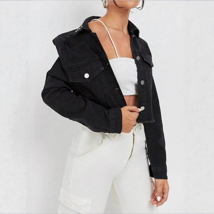 Women's Cropped Denim Jacket with Studded Collar, Frayed Hem and Flap Pockets Amarae
