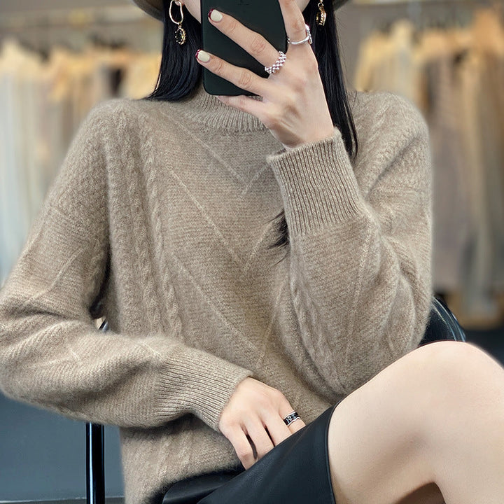 Women's thick knit sweater with an innovative cable pattern and a high collar Lune London