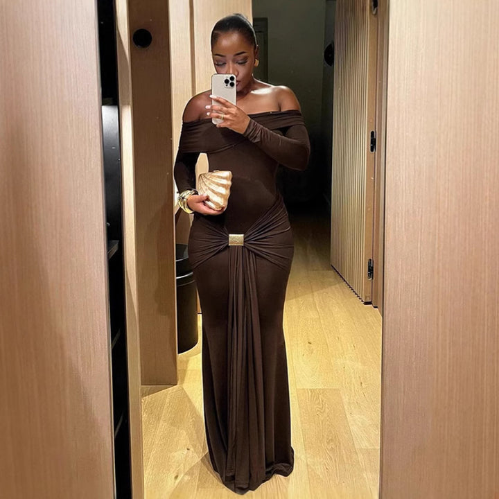 Elegant off-shoulder maxi dress for women with ruching Lune London
