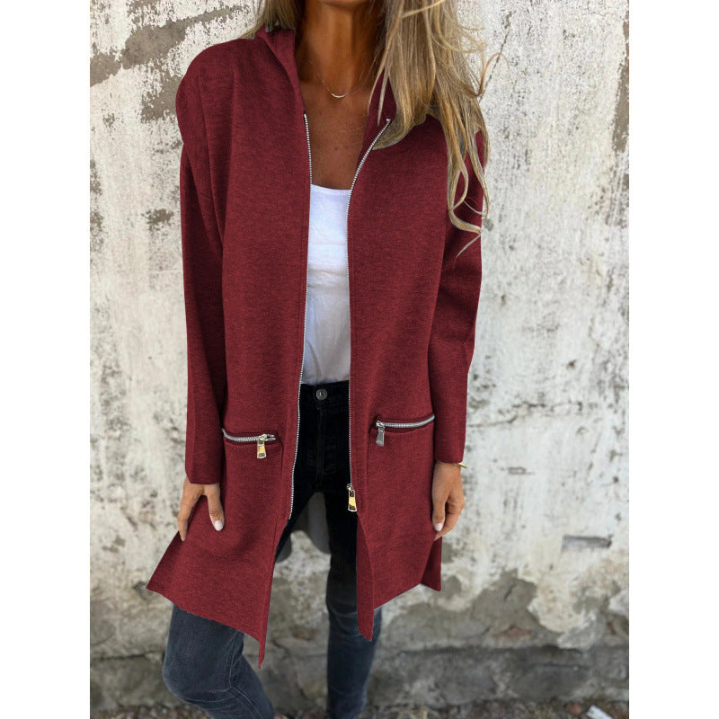 Women’s Hooded Long Cardigan with Full Zip and Decorative Pockets Amarae