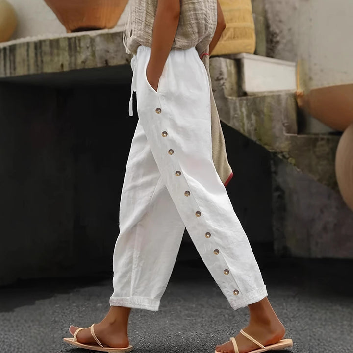 Lune London Women's trendy palazzo pants with button details and elastic waist