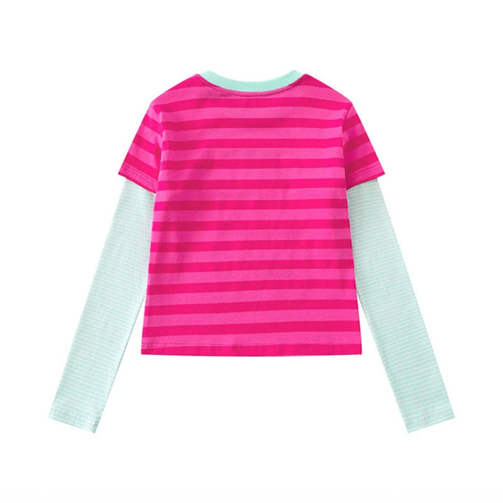 Women's Layered Long Sleeve Shirt in Layer Look with Contrasting Striped Sleeves and Typographic Print Amarae