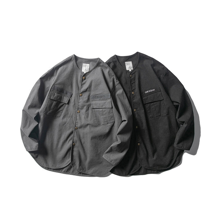 Unisex Collarless Overshirt Jacket with Snap Button Placket and Patch Chest Pockets Amarae