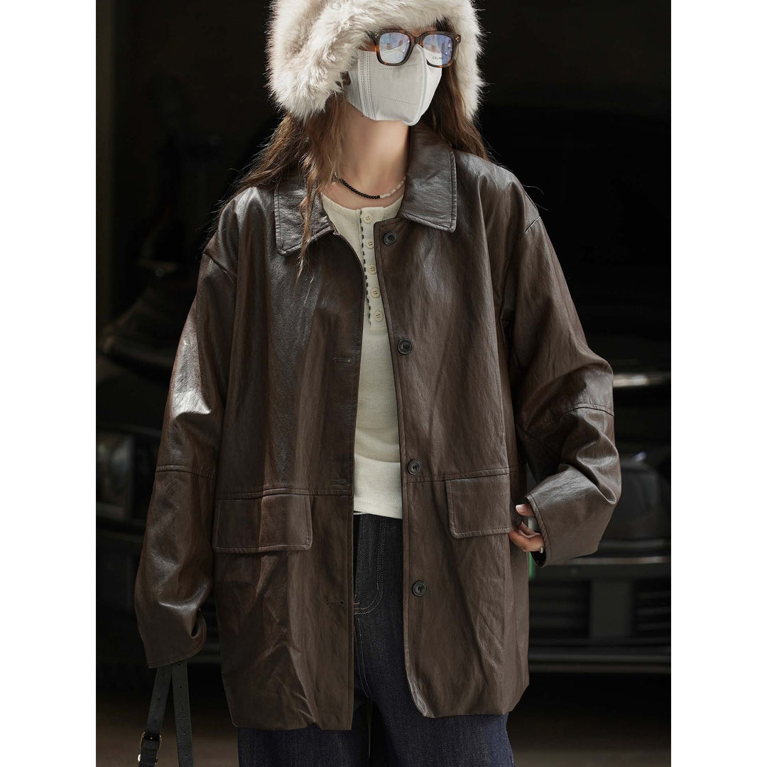 Women's Long Cut Oversized Leather Jacket with Shirt Collar and Patch Pockets Amarae