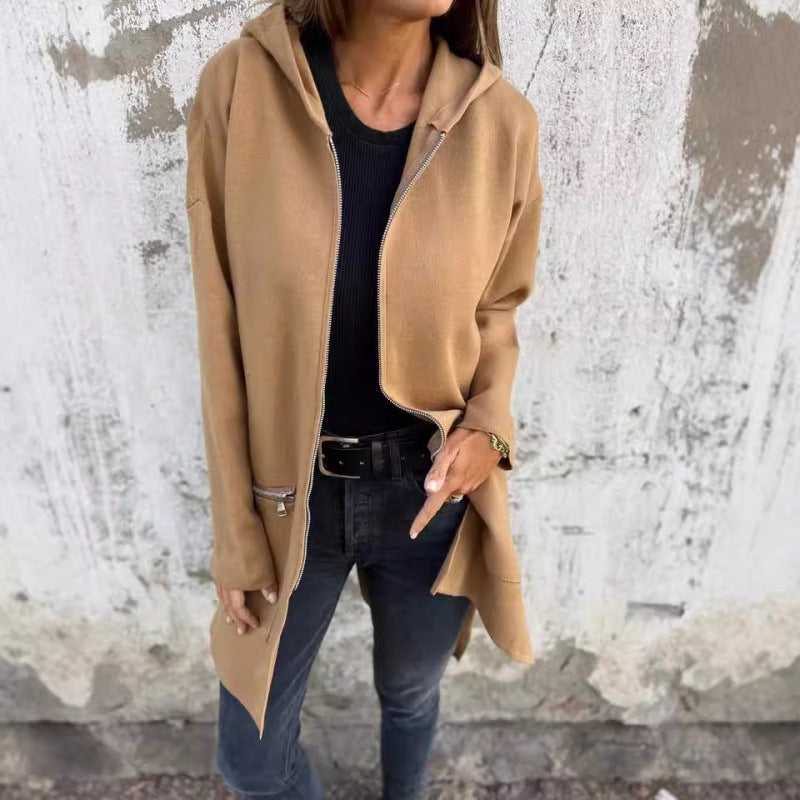 Women’s Hooded Long Cardigan with Full Zip and Decorative Pockets Amarae