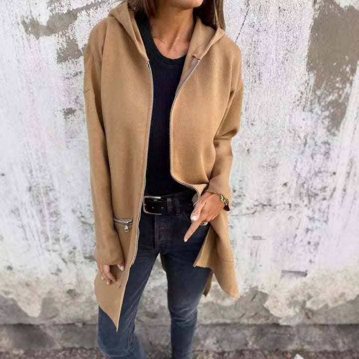 Women’s Hooded Long Cardigan with Full Zip and Decorative Pockets Amarae