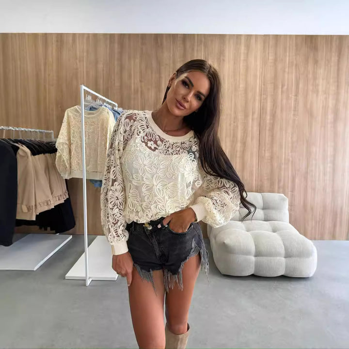 Embroidered blouse for women with transparent sleeves Lune London