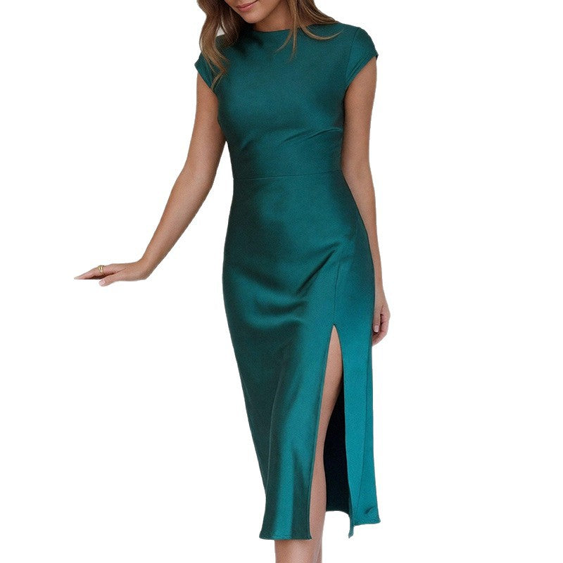 Robe Midi Élégante pour Femme avec Col Montant Chic et Satin Fluide Chic & Stil