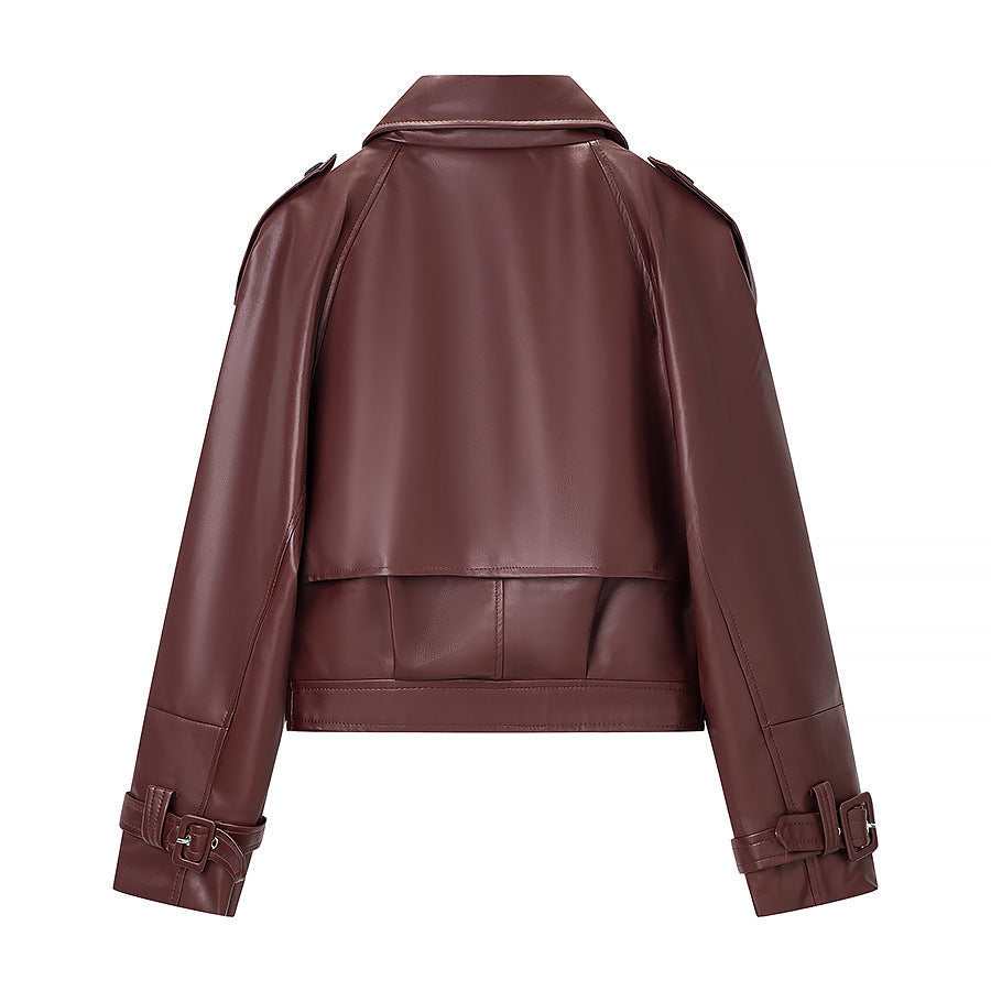 Veste en simili cuir pour femme au style biker moderne avec col asymétrique et ceinture à la taille Chic & Stil