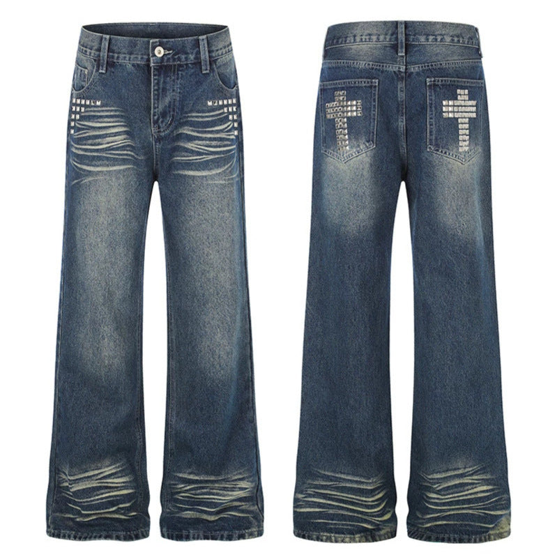 Women Wide High-Waist Distressed Jeans in Palazzo Style with Studded Detailing Amarae