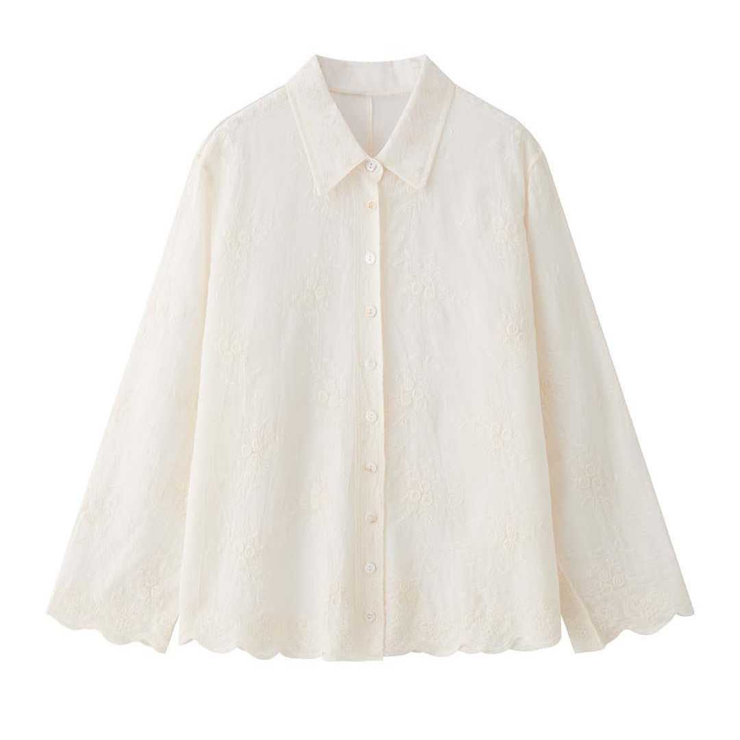 Women's finely embroidered sheer blouse with shirt collar and wavy hem Amarae