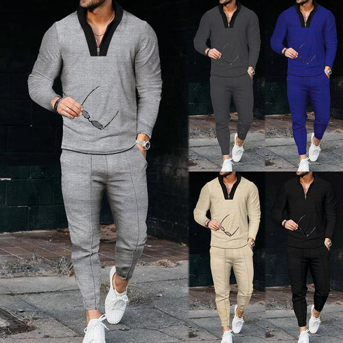 Men's sports outfit with modern high collar and fine check pattern