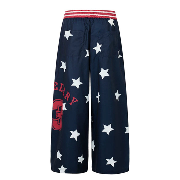 Ladies Palazzo Lounge Pants in Athleisure Style with Star Allover, High Ribbed Waistband and Statement Print Amarae