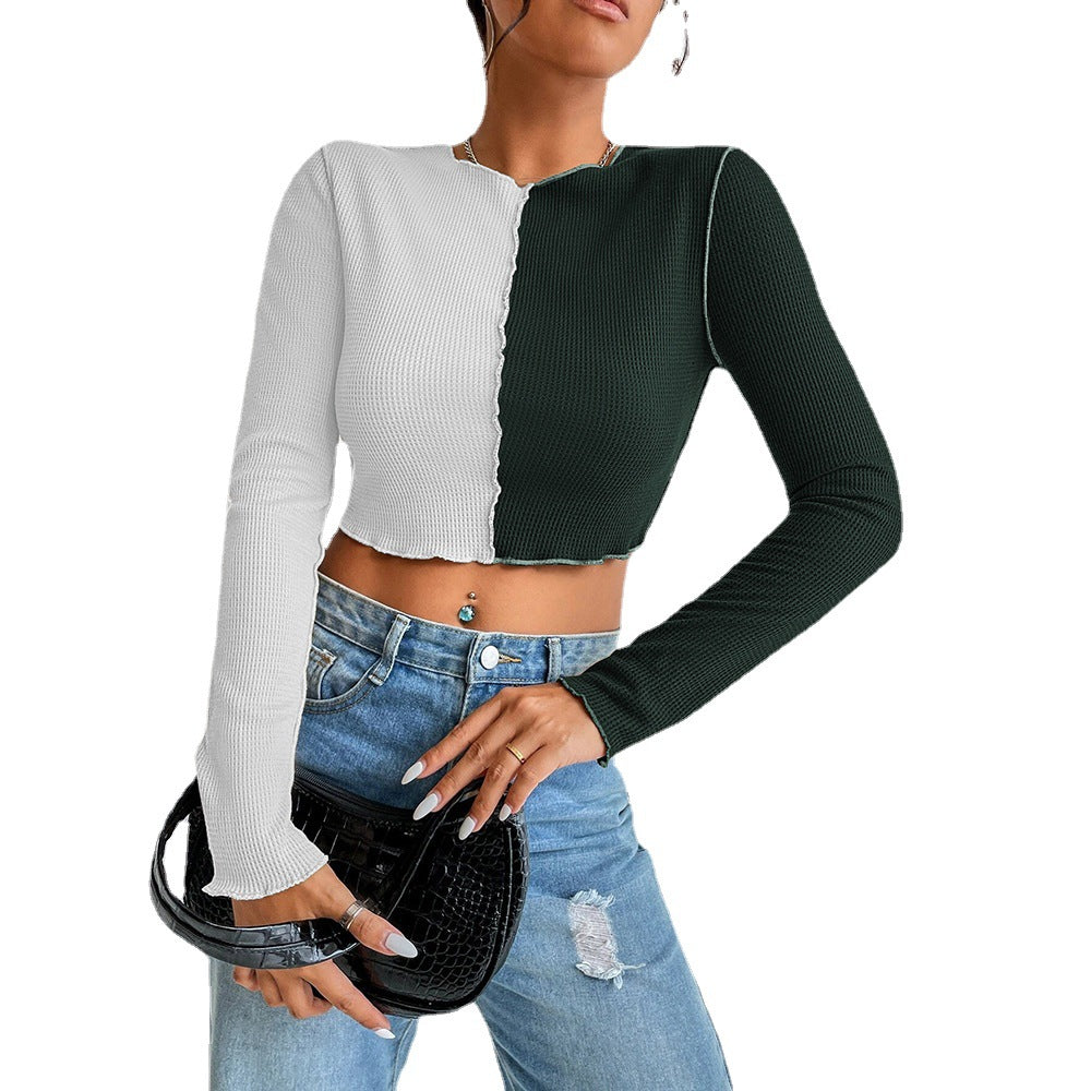 Chemise femme à manches longues cropped avec deux couleurs et design en rib tendance Chic & Stil