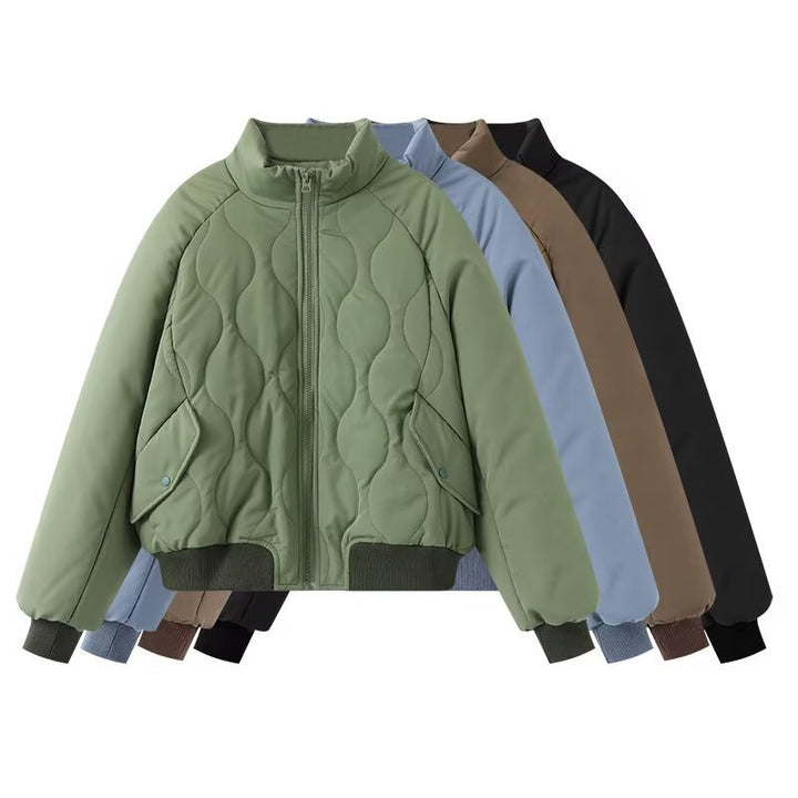 Fashionable quilted jacket for women with high collar and voluminous design Lune London