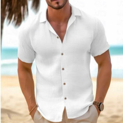 Short sleeve linen shirt for men with modern collar and button placket Amarae