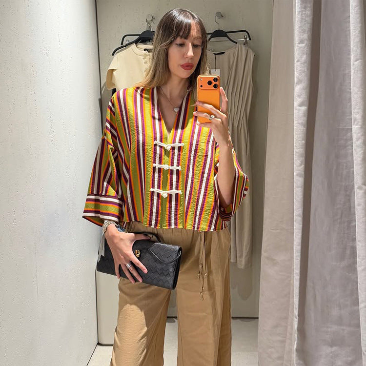 Women's Striped Lightweight Short Blouse with V-Neck, Three-Quarter Sleeves & Decorative Knot Closures Amarae