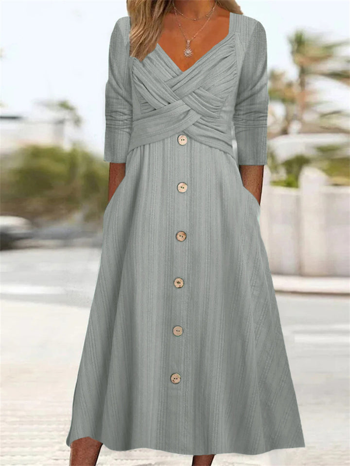 Women's button-down midi dress with elegant and stylish crossover top