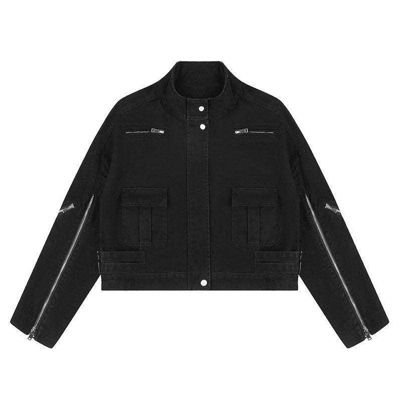 Women's Cropped Utility Jacket with Stand Collar, Multiple Pockets and Zip Sleeves Amarae